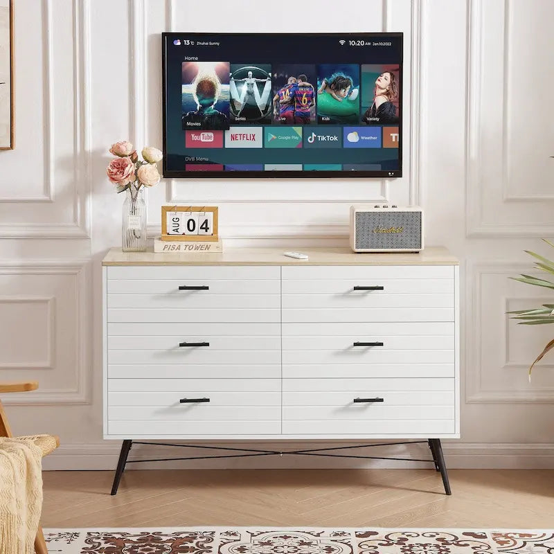 47.2" Wide 6-Drawer Dresser with Steel Frame - Modern Rustic Walnut Finish Storage Cabinet for Bedroom
