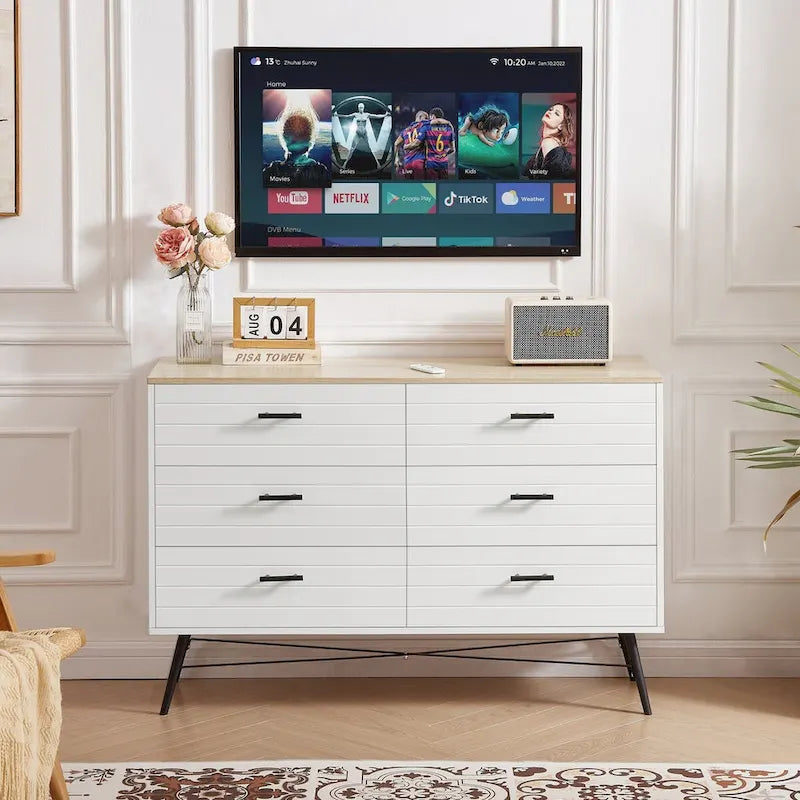 47.2" Wide 6-Drawer Dresser with Steel Frame - Modern Rustic Walnut Finish Storage Cabinet for Bedroom