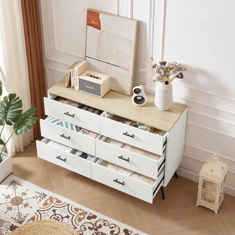 47.2" Wide 6-Drawer Dresser with Steel Frame - Modern Rustic Walnut Finish Storage Cabinet for Bedroom