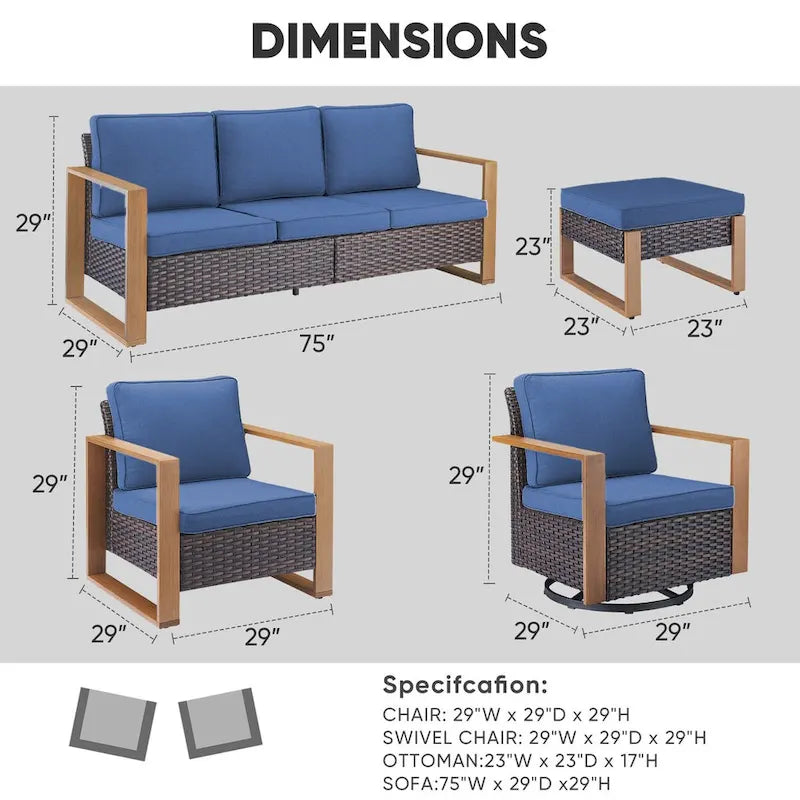 7 Pieces Outdoor Patio Sofa with Rocking Chair Ottoman - Brown