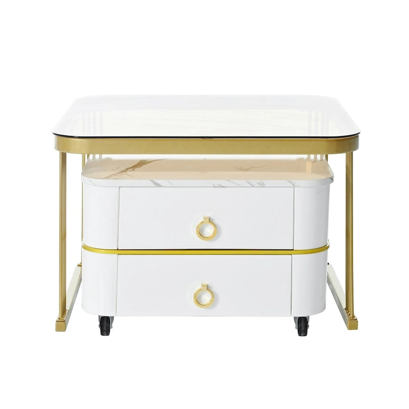 Mieres Stackable Coffee Table, Nesting Tables with Brown Tempered Glass, Wheels & Drawers and High Gloss Marble Grain Top