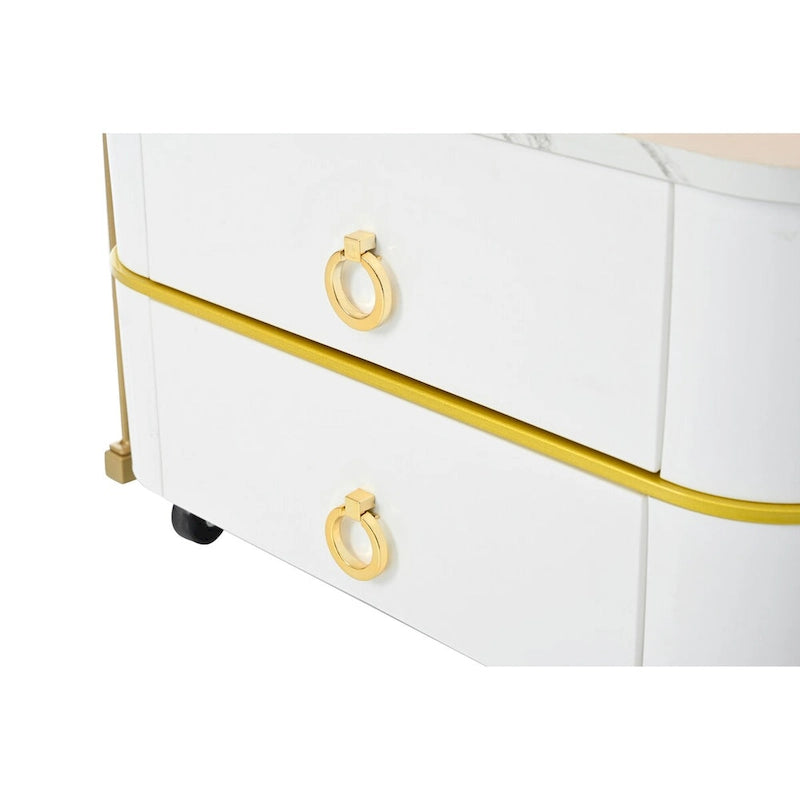 Mieres Stackable Coffee Table, Nesting Tables with Brown Tempered Glass, Wheels & Drawers and High Gloss Marble Grain Top