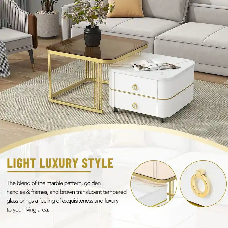 Mieres Stackable Coffee Table, Nesting Tables with Brown Tempered Glass, Wheels & Drawers and High Gloss Marble Grain Top