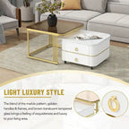 Mieres Stackable Coffee Table, Nesting Tables with Brown Tempered Glass, Wheels & Drawers and High Gloss Marble Grain Top