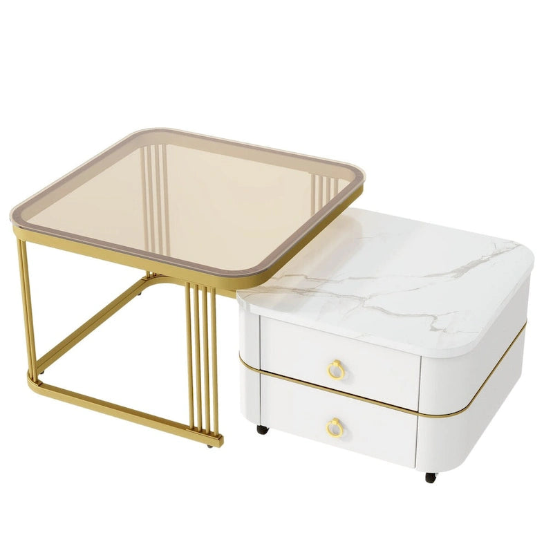 Mieres Stackable Coffee Table, Nesting Tables with Brown Tempered Glass, Wheels & Drawers and High Gloss Marble Grain Top