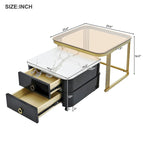 Mieres Stackable Coffee Table, Nesting Tables with Brown Tempered Glass, Wheels & Drawers and High Gloss Marble Grain Top