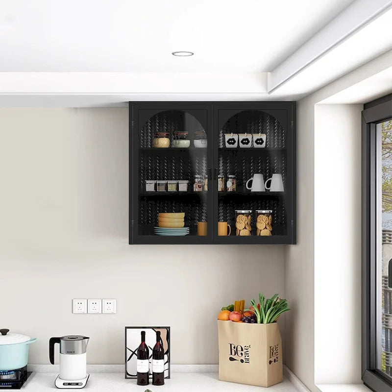 27.56 Glass Doors Modern Two-door Wall Cabinet with Featuring Three-tier Storage - N/A