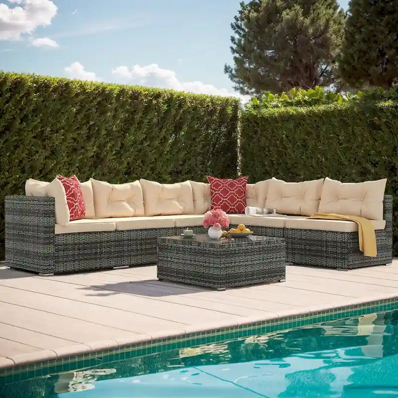Moasis 7 Piece Patio Conversation Set Outdoor Sectional Sofa with Cushions and Coffee Table for Garden, Balcony, Backyard