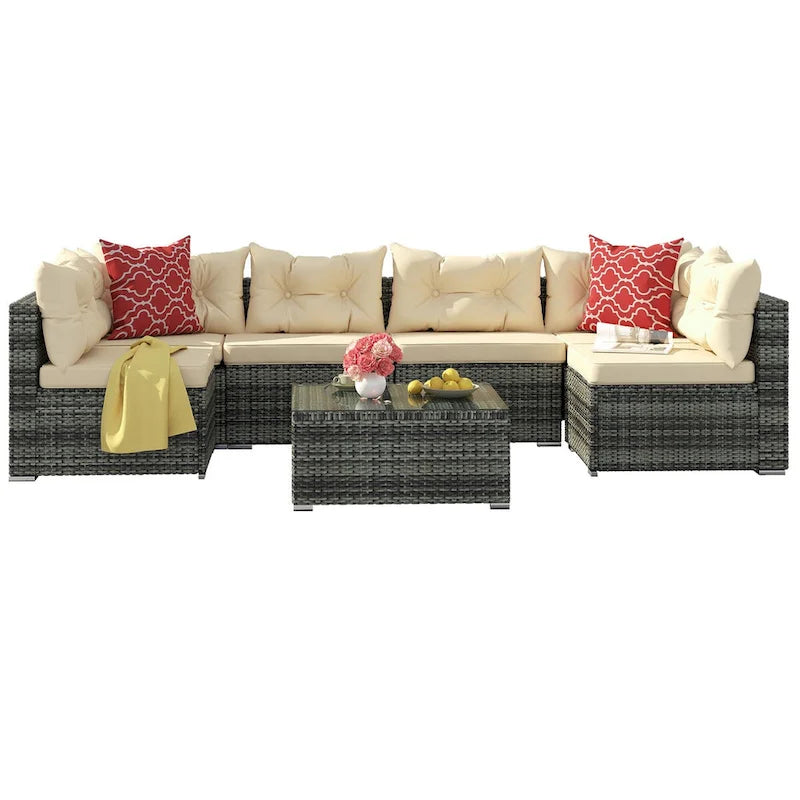 Moasis 7 Piece Patio Conversation Set Outdoor Sectional Sofa with Cushions and Coffee Table for Garden, Balcony, Backyard