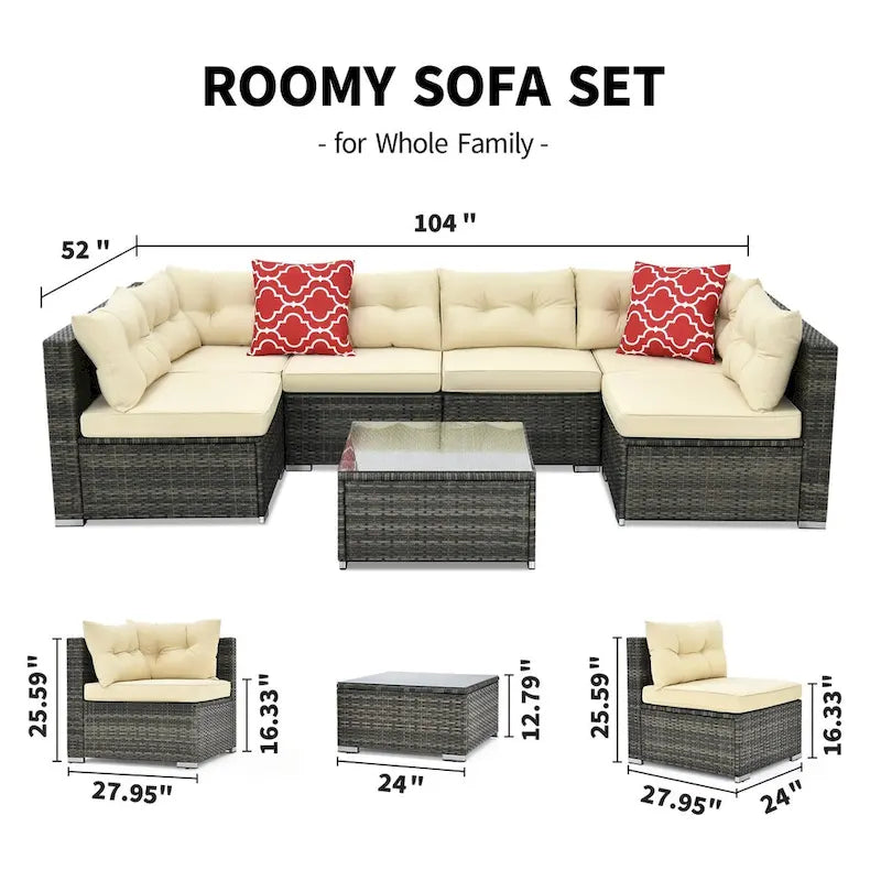Moasis 7 Piece Patio Conversation Set Outdoor Sectional Sofa with Cushions and Coffee Table for Garden, Balcony, Backyard
