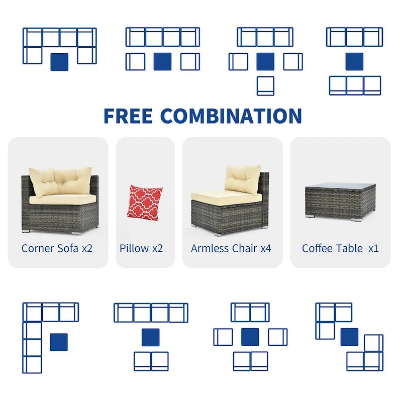 Moasis 7 Piece Patio Conversation Set Outdoor Sectional Sofa with Cushions and Coffee Table for Garden, Balcony, Backyard