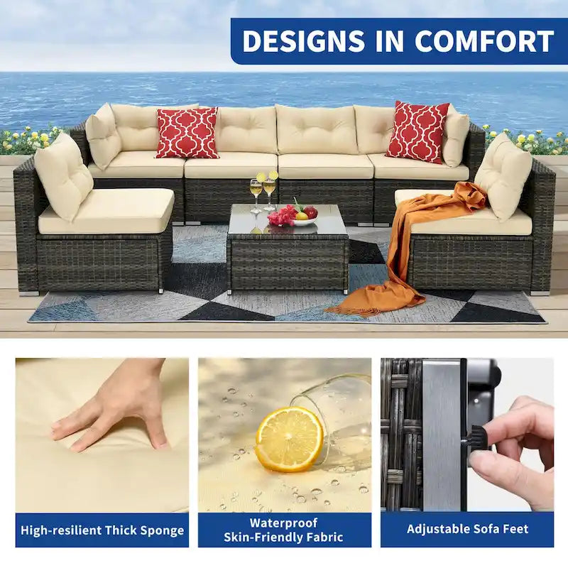 Moasis 7 Piece Patio Conversation Set Outdoor Sectional Sofa with Cushions and Coffee Table for Garden, Balcony, Backyard