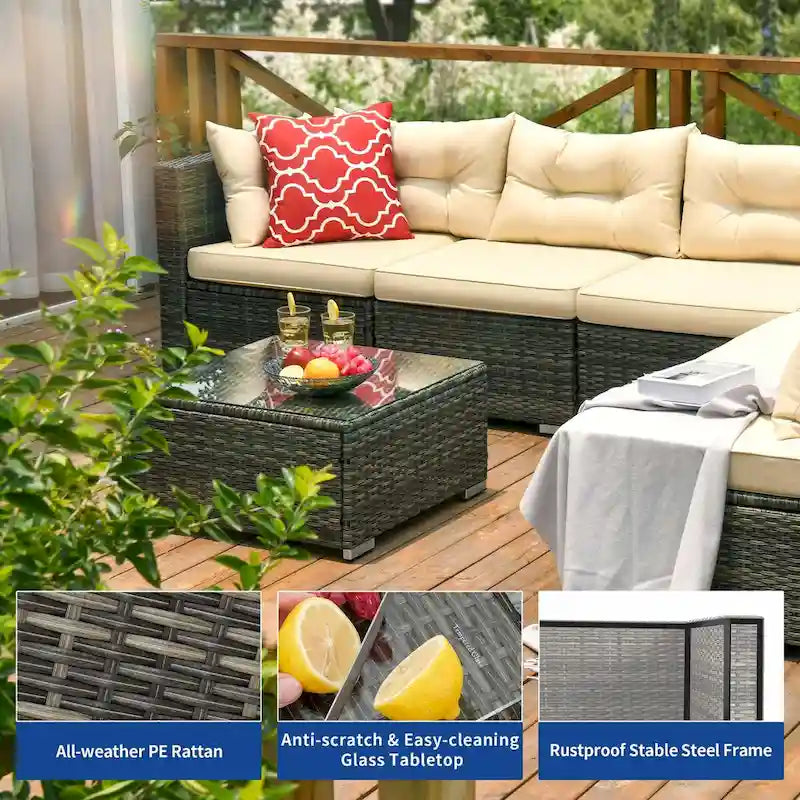 Moasis 7 Piece Patio Conversation Set Outdoor Sectional Sofa with Cushions and Coffee Table for Garden, Balcony, Backyard