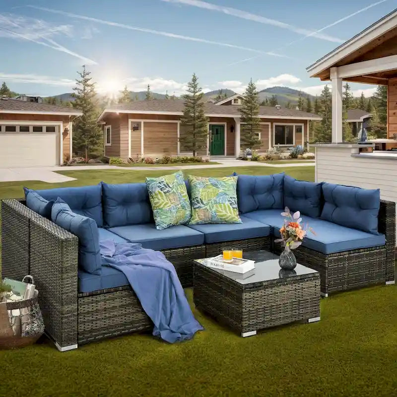 Moasis 7 Piece Patio Conversation Set Outdoor Sectional Sofa with Cushions and Coffee Table for Garden, Balcony, Backyard