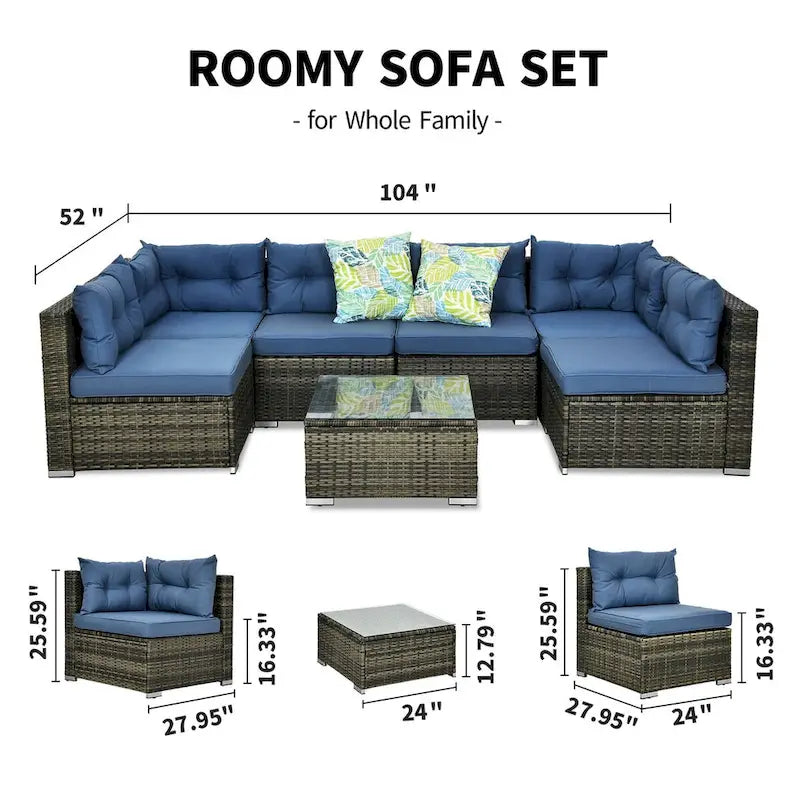 Moasis 7 Piece Patio Conversation Set Outdoor Sectional Sofa with Cushions and Coffee Table for Garden, Balcony, Backyard