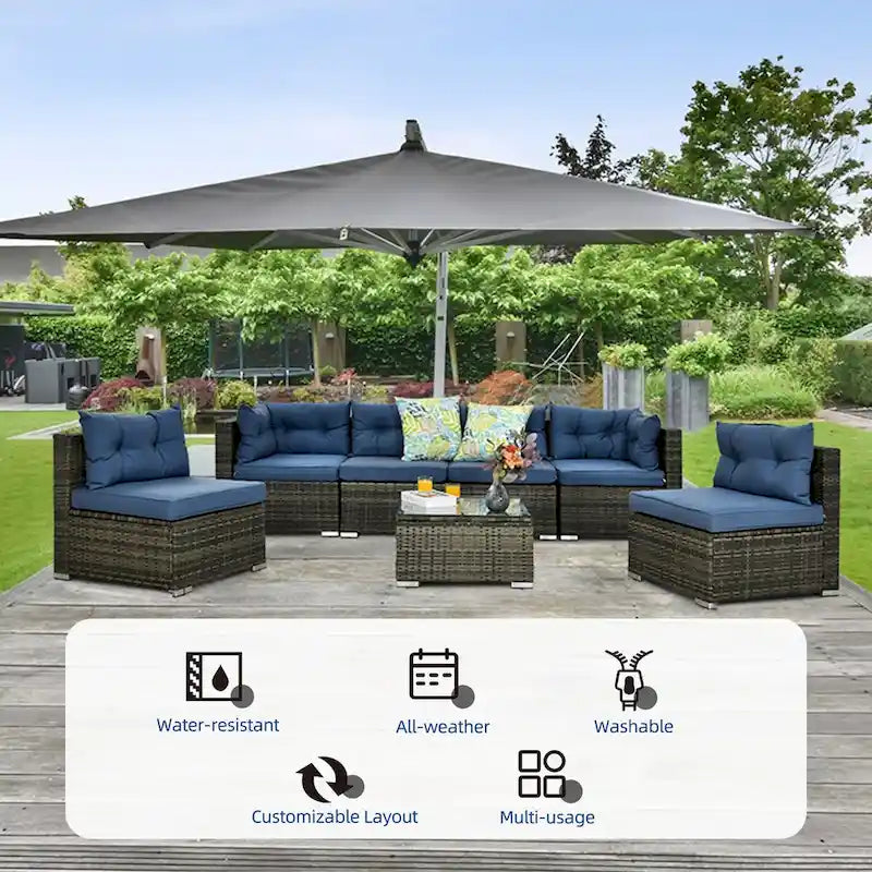 Moasis 7 Piece Patio Conversation Set Outdoor Sectional Sofa with Cushions and Coffee Table for Garden, Balcony, Backyard