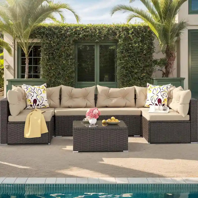 Moasis 7 Piece Patio Conversation Set Outdoor Sectional Sofa with Cushions and Coffee Table for Garden, Balcony, Backyard