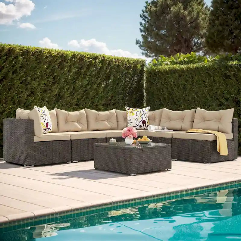 Moasis 7 Piece Patio Conversation Set Outdoor Sectional Sofa with Cushions and Coffee Table for Garden, Balcony, Backyard