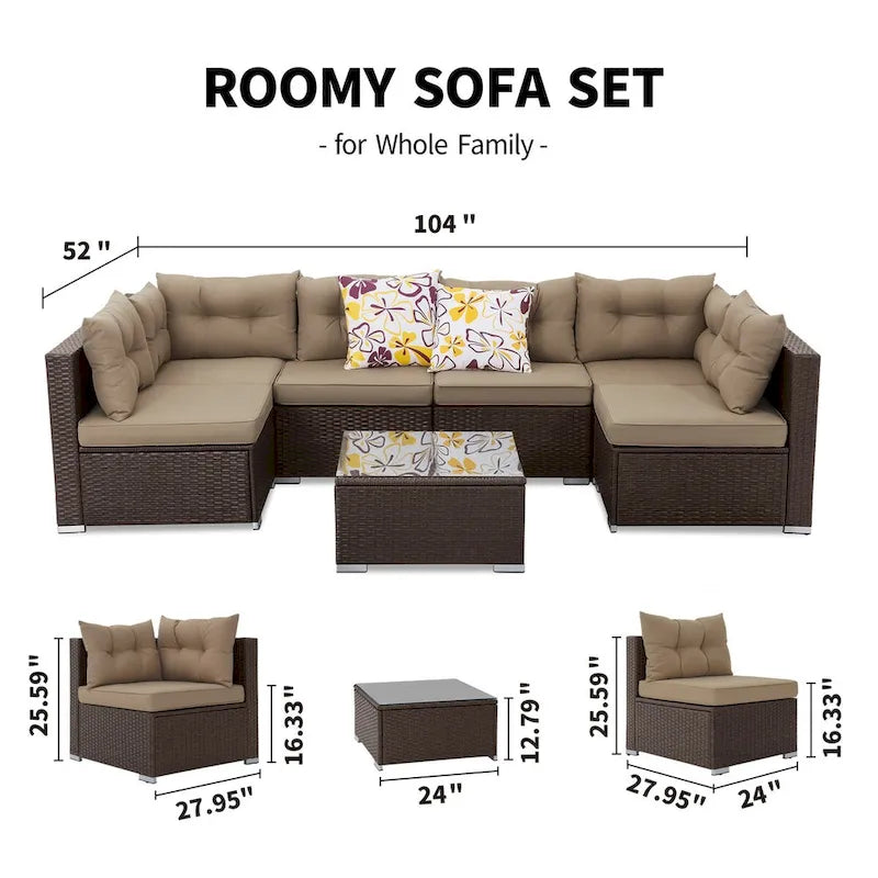 Moasis 7 Piece Patio Conversation Set Outdoor Sectional Sofa with Cushions and Coffee Table for Garden, Balcony, Backyard