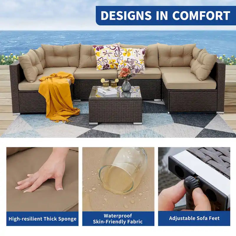 Moasis 7 Piece Patio Conversation Set Outdoor Sectional Sofa with Cushions and Coffee Table for Garden, Balcony, Backyard