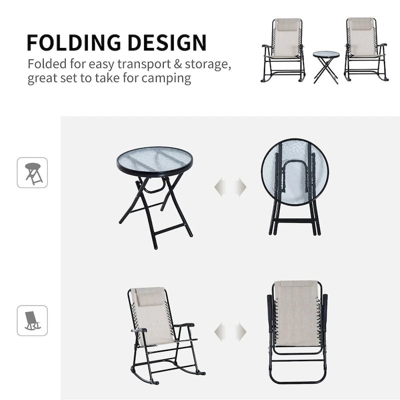 Outsunny 3 Piece Outdoor Rocking Chair Set with Glass Coffee Table