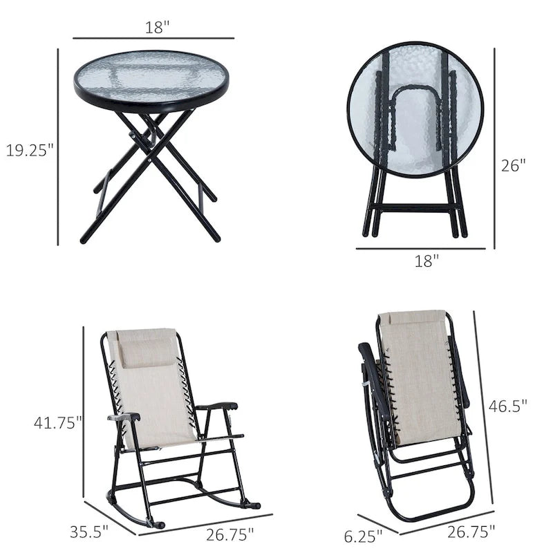 Outsunny 3 Piece Outdoor Rocking Chair Set with Glass Coffee Table