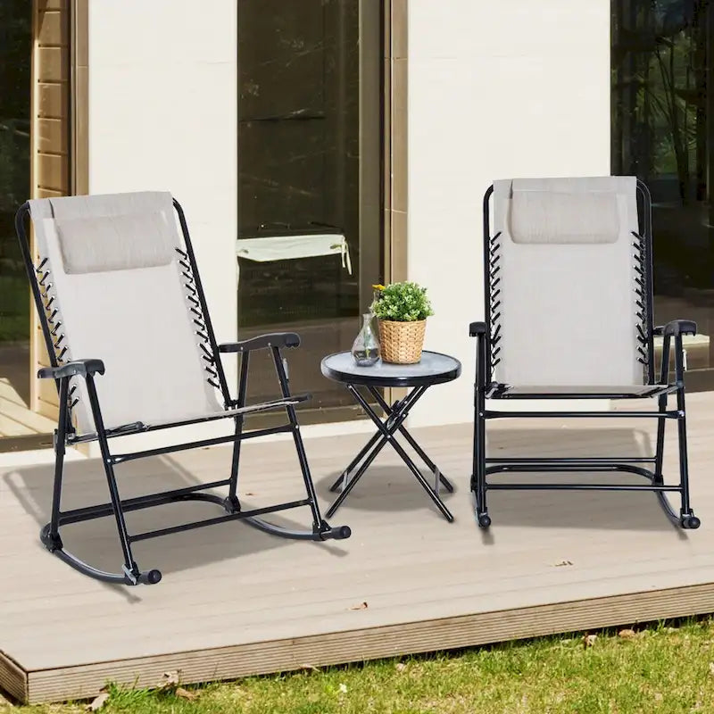 Outsunny 3 Piece Outdoor Rocking Chair Set with Glass Coffee Table