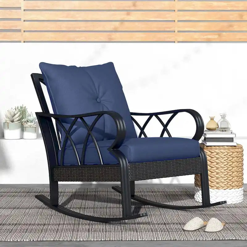 Outdoor Wicker Rocking Chair, with Padded Cushions & Armrest