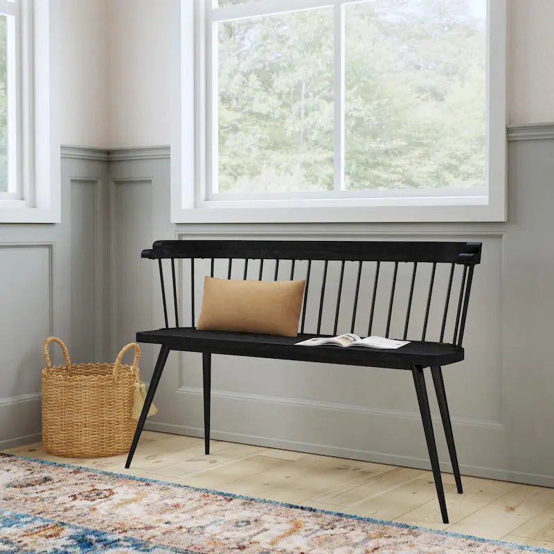 Spindle Back Bench - Solid Mango Wood & Iron Frame, 48.25" Wide, Rustic Modern Industrial Style