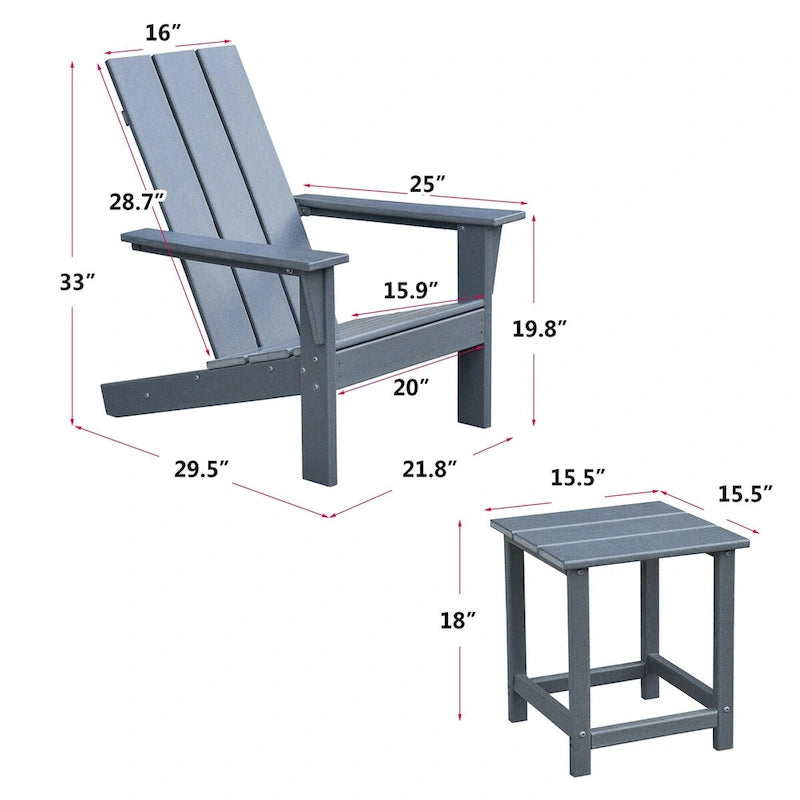 3Pcs Outdoor Adirondack Chairs,Patio Lawn Chairs with Side Table,for Deck Garden Backyard Balcony, Grey