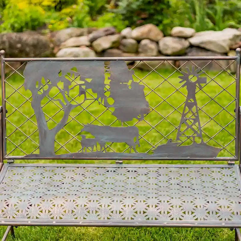 Rectangular Outdoor Bench with Cow & Windmill Silhouette  Strasburg  - 43.7  L x 20.47  W x 37.01  H