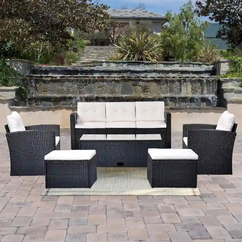 6-Piece Outdoor Patio Furniture Sets Wicker Rattan Sectional Couch Sofa Set with Coffee Table