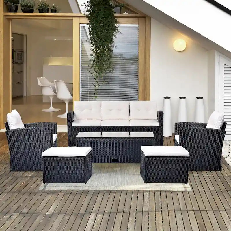 6-Piece Outdoor Patio Furniture Sets Wicker Rattan Sectional Couch Sofa Set with Coffee Table