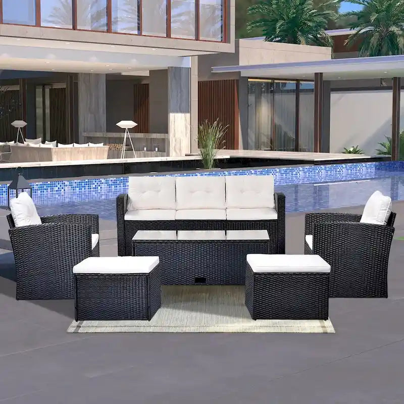 6-Piece Outdoor Patio Furniture Sets Wicker Rattan Sectional Couch Sofa Set with Coffee Table