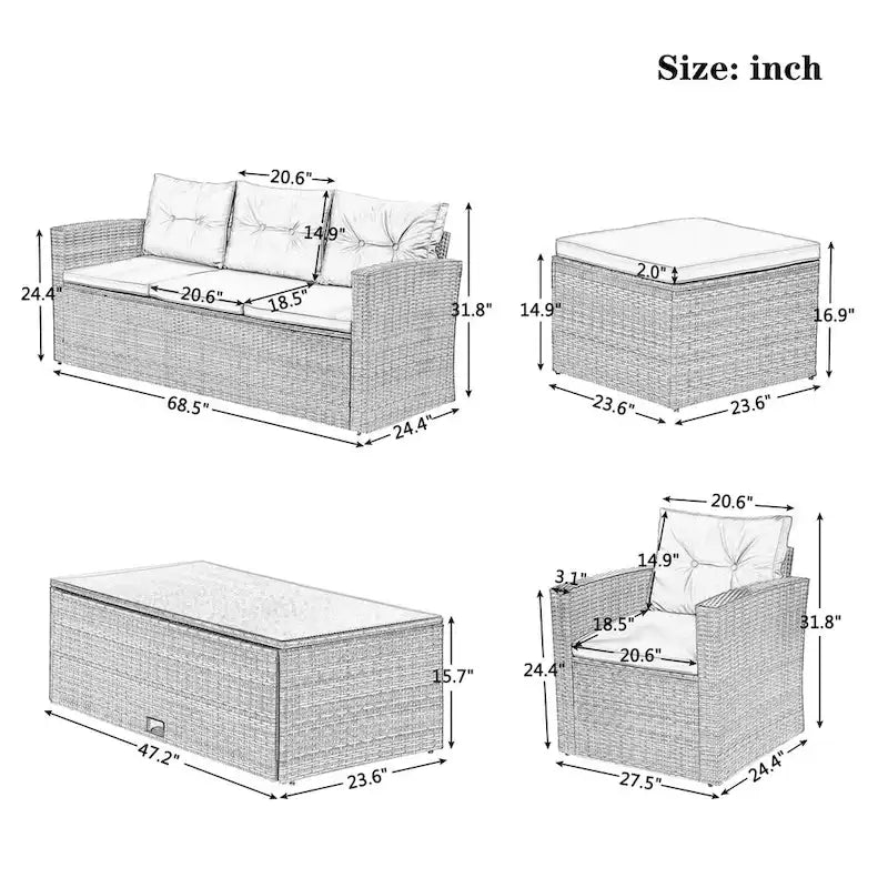 6-Piece Outdoor Patio Furniture Sets Wicker Rattan Sectional Couch Sofa Set with Coffee Table