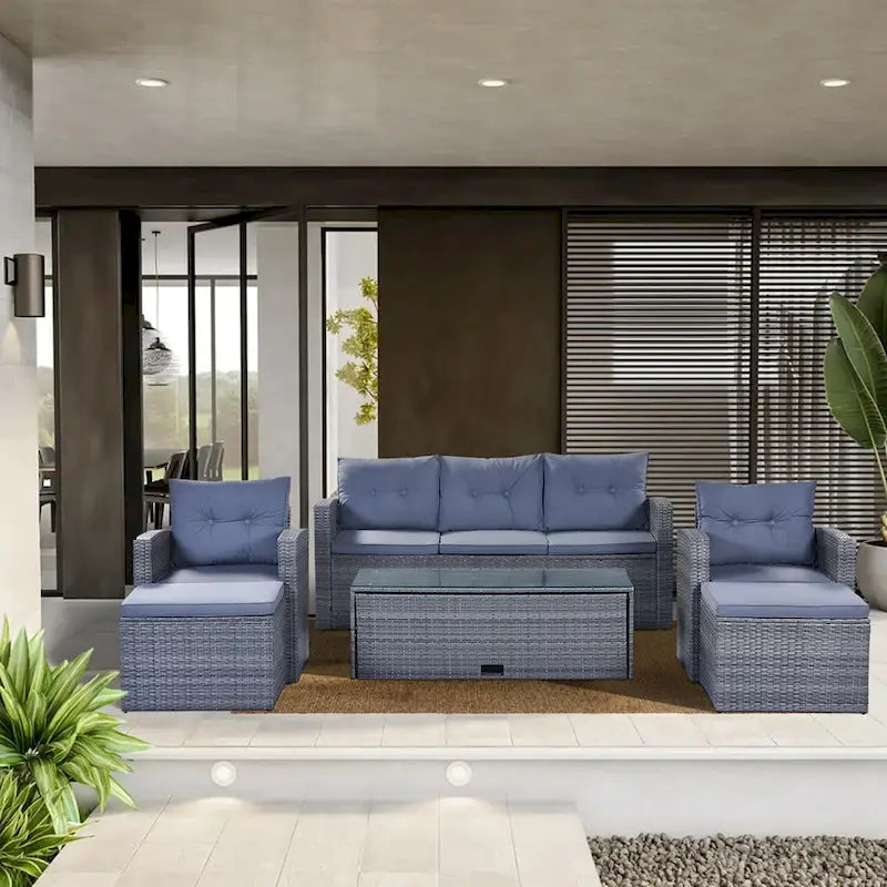 6-Piece Outdoor Patio Furniture Sets Wicker Rattan Sectional Couch Sofa Set with Coffee Table
