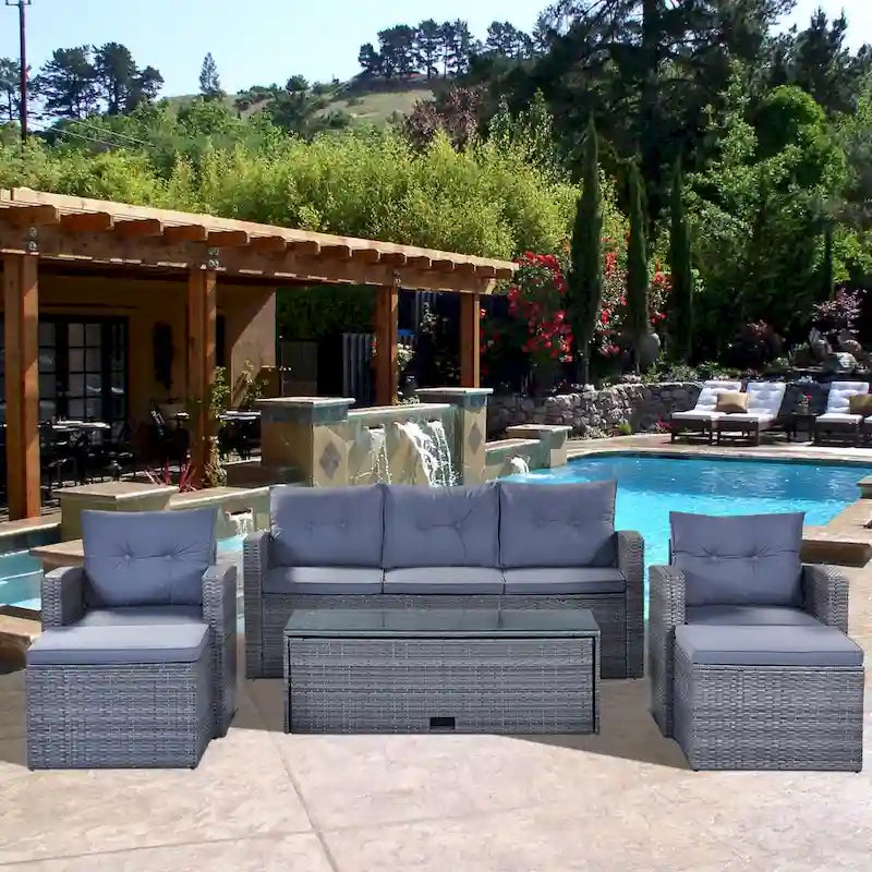 6-Piece Outdoor Patio Furniture Sets Wicker Rattan Sectional Couch Sofa Set with Coffee Table