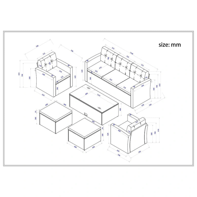 6-Piece Outdoor Patio Furniture Sets Wicker Rattan Sectional Couch Sofa Set with Coffee Table