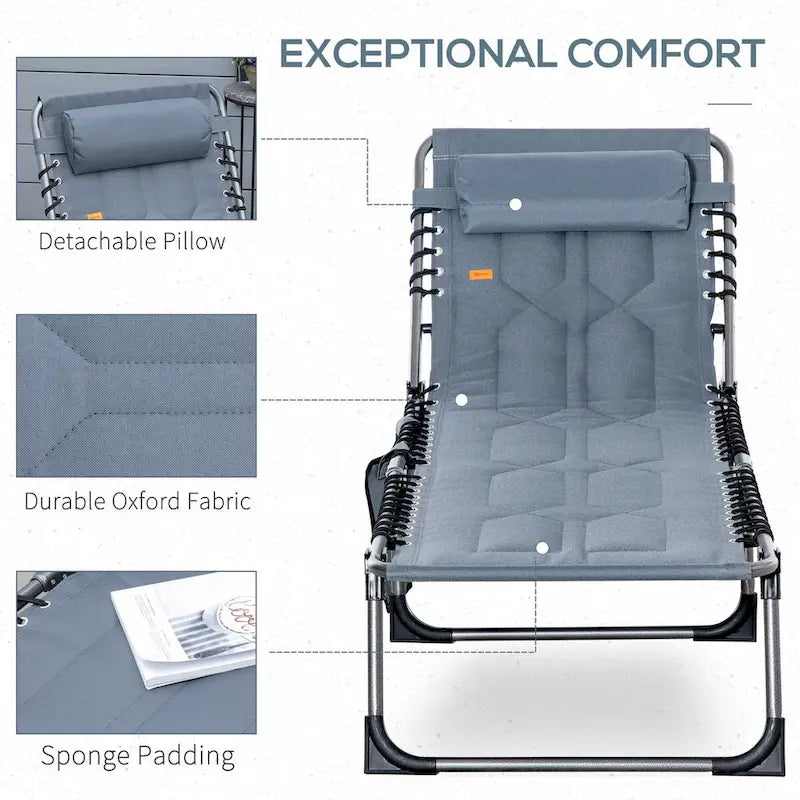 Patio Padded Folding Chaise Lounge Chair, Outdoor 6-Level Reclining Camping Tanning Chair with Headrest