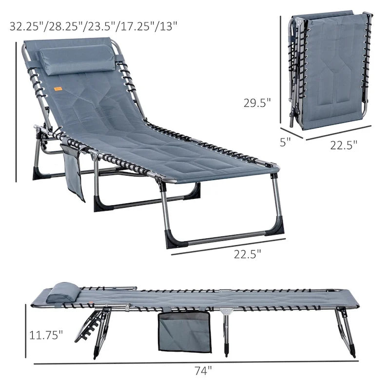 Patio Padded Folding Chaise Lounge Chair, Outdoor 6-Level Reclining Camping Tanning Chair with Headrest