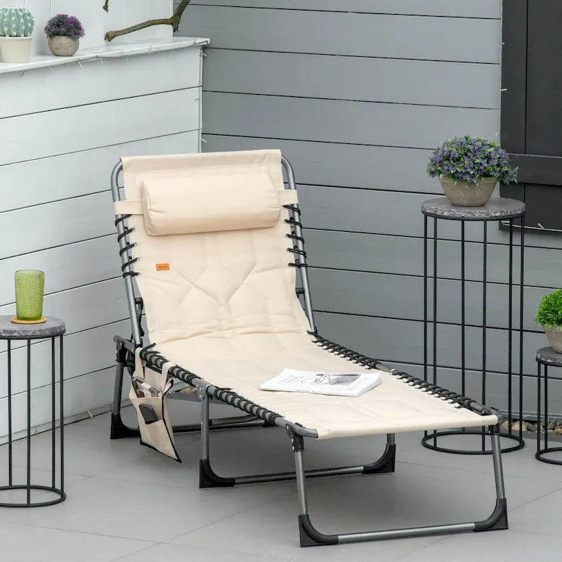 Patio Padded Folding Chaise Lounge Chair, Outdoor 6-Level Reclining Camping Tanning Chair with Headrest