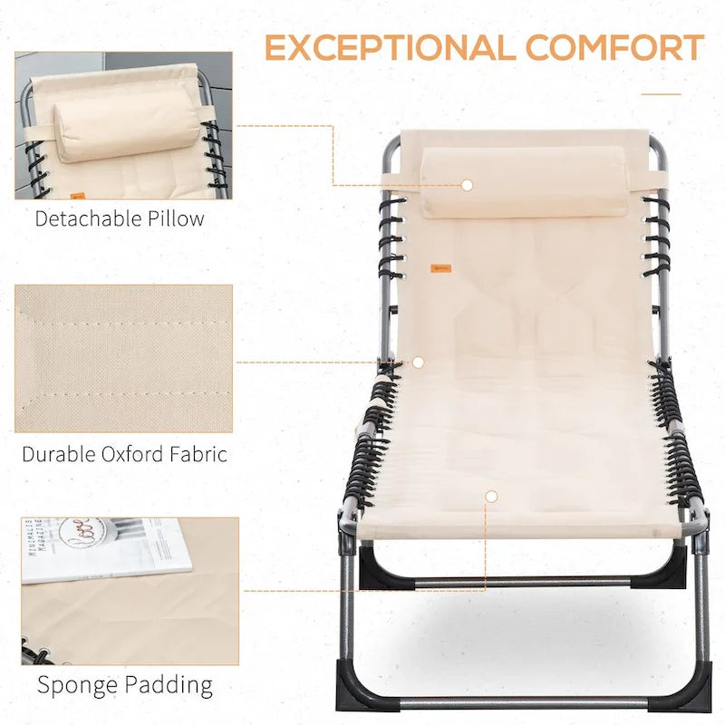 Patio Padded Folding Chaise Lounge Chair, Outdoor 6-Level Reclining Camping Tanning Chair with Headrest