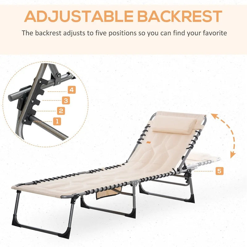 Patio Padded Folding Chaise Lounge Chair, Outdoor 6-Level Reclining Camping Tanning Chair with Headrest