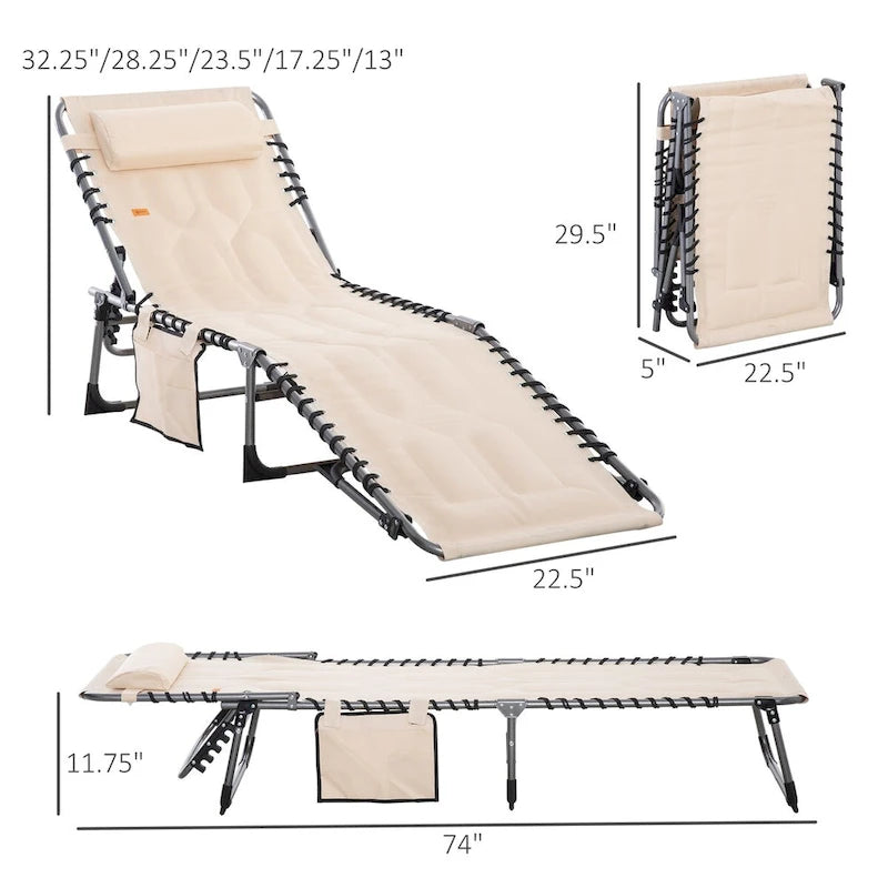 Patio Padded Folding Chaise Lounge Chair, Outdoor 6-Level Reclining Camping Tanning Chair with Headrest