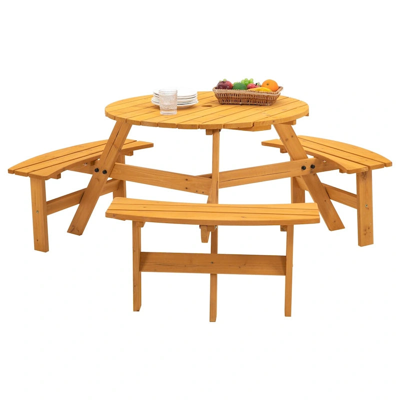 6-Person Circular Outdoor Wooden Picnic Table,Natural
