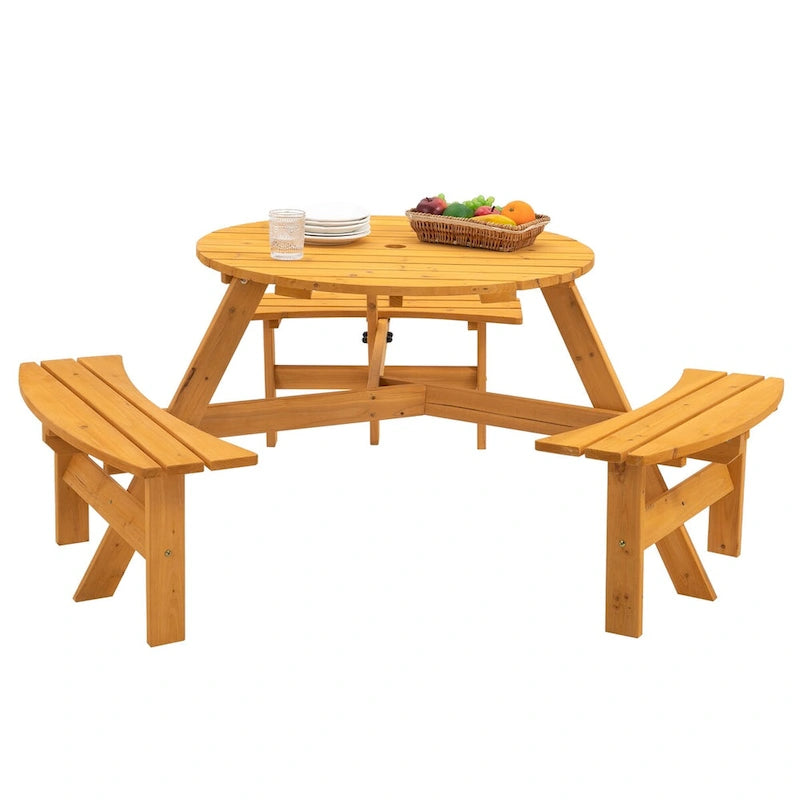6-Person Circular Outdoor Wooden Picnic Table,Natural