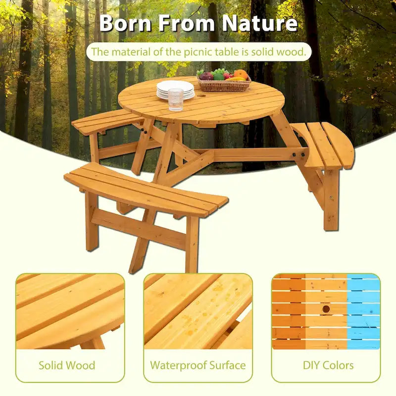 6-Person Circular Outdoor Wooden Picnic Table,Natural