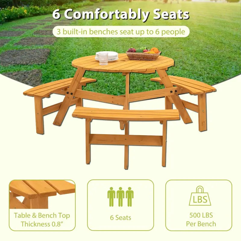 6-Person Circular Outdoor Wooden Picnic Table,Natural