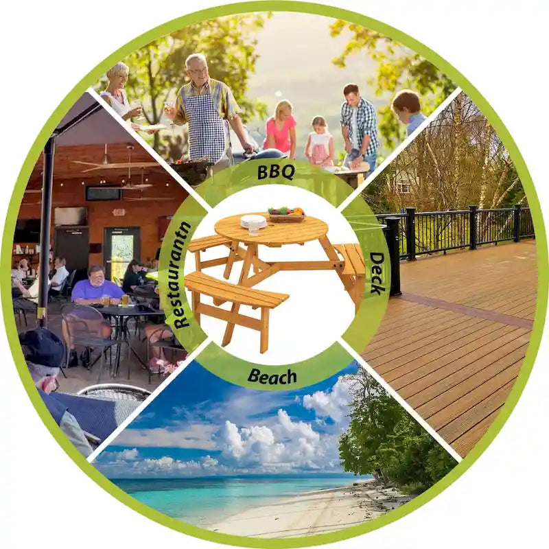 6-Person Circular Outdoor Wooden Picnic Table,Natural