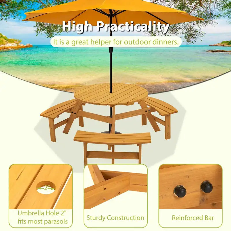 6-Person Circular Outdoor Wooden Picnic Table,Natural